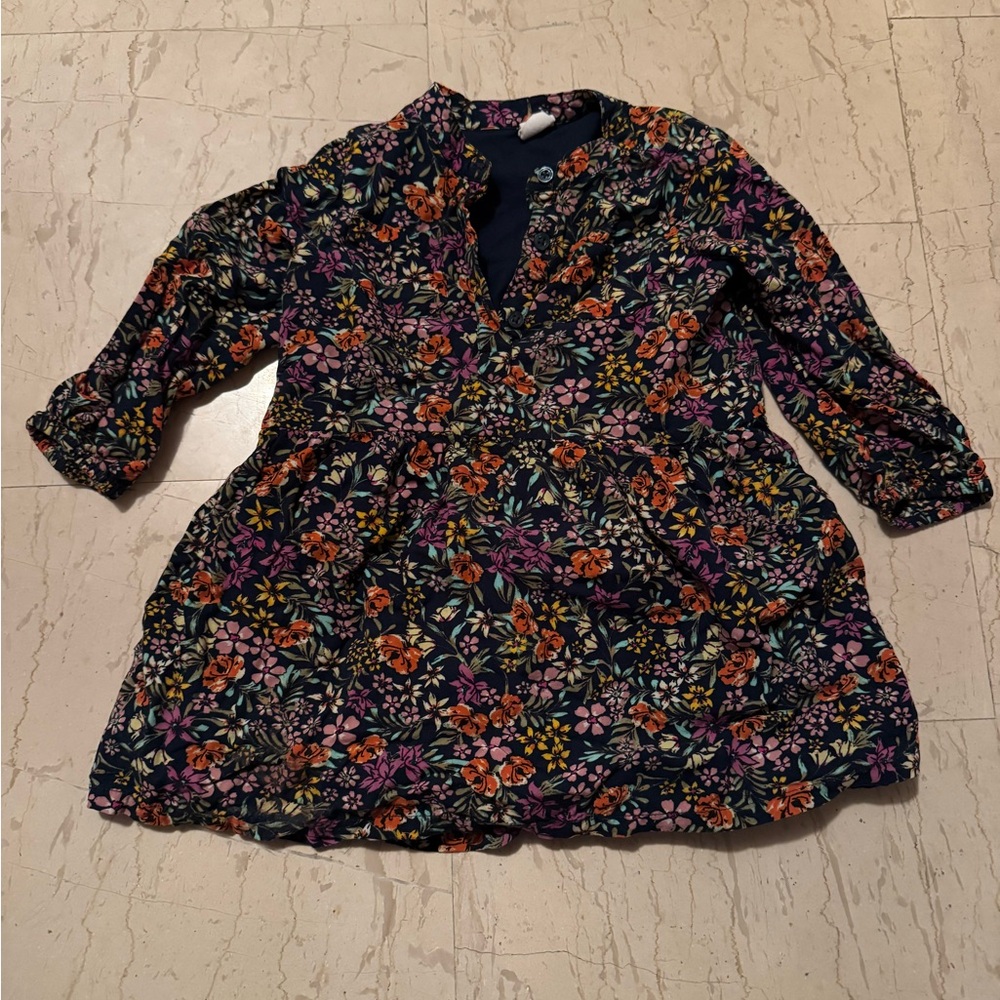 Baby Girl GAP Black Floral L/s Dress Sz 3 Years Euc